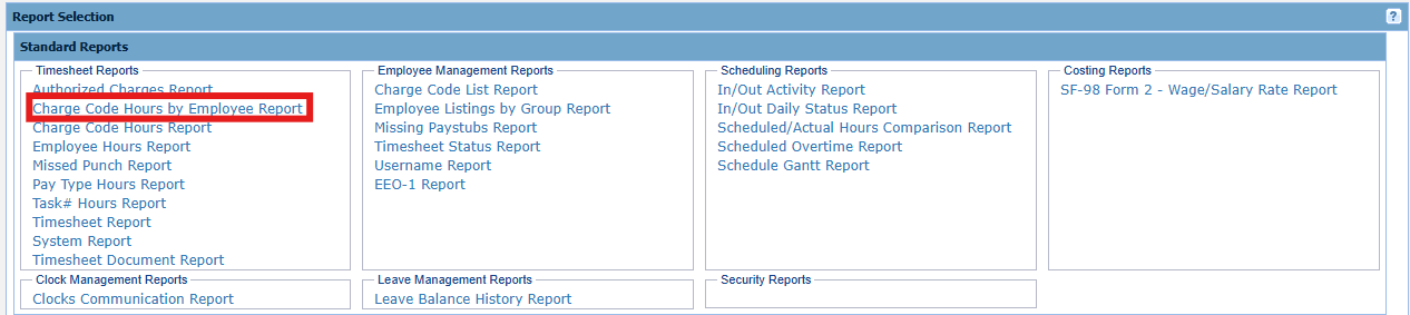 Charge Code Hours by Employee Report Standard Report